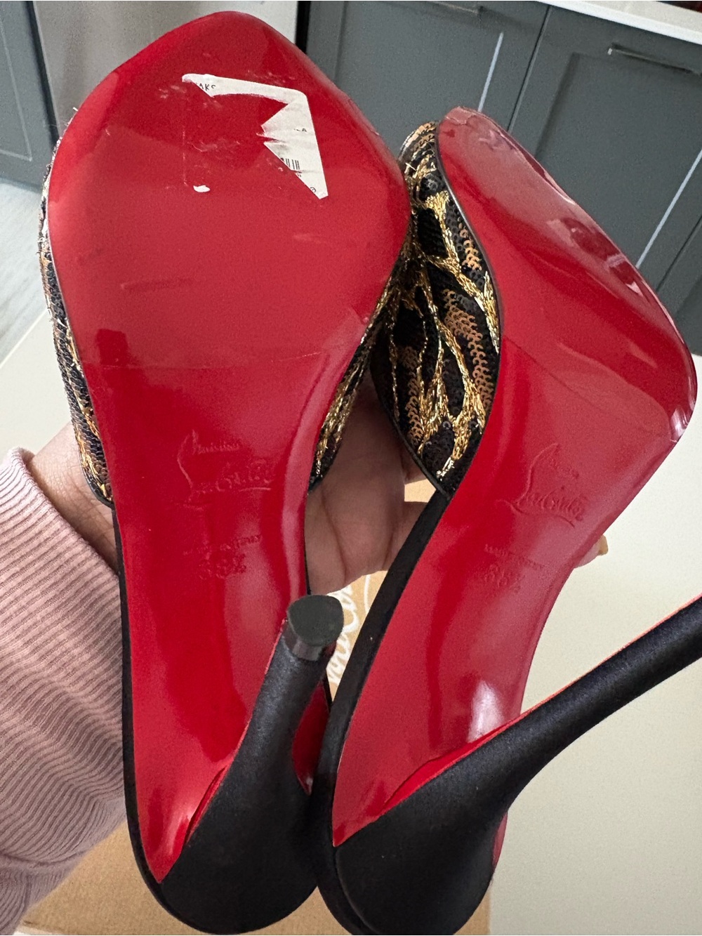 Christian Louboutin Black and Gold Embroidered Mule Heels - Picture 6 of 7